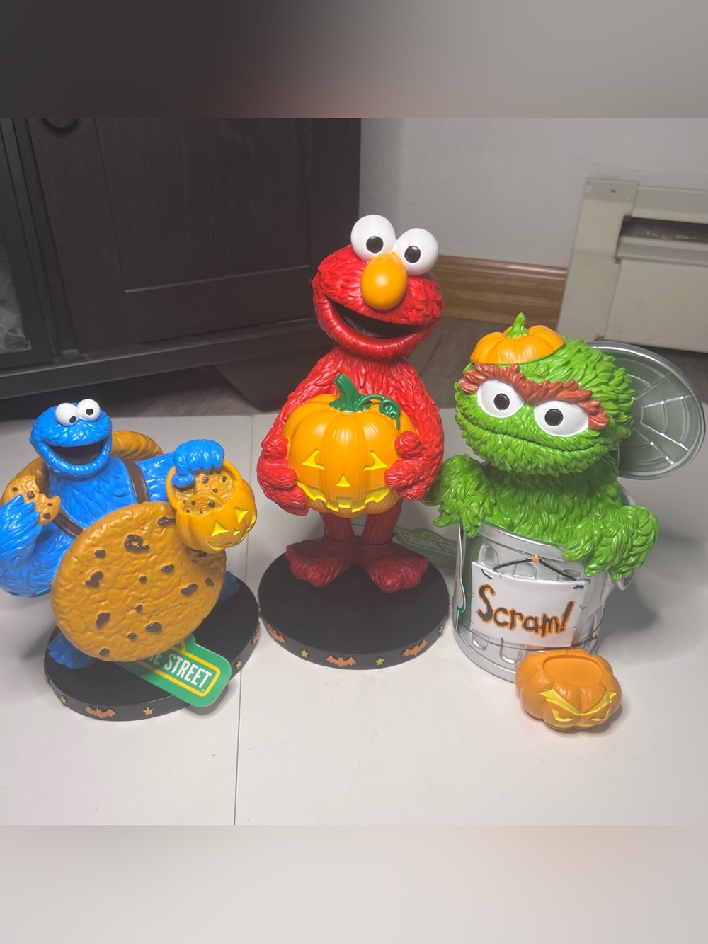 Sesame Street Halloween Set: Red Elmo, Blue Cookie Monster & Green Oscar Figures